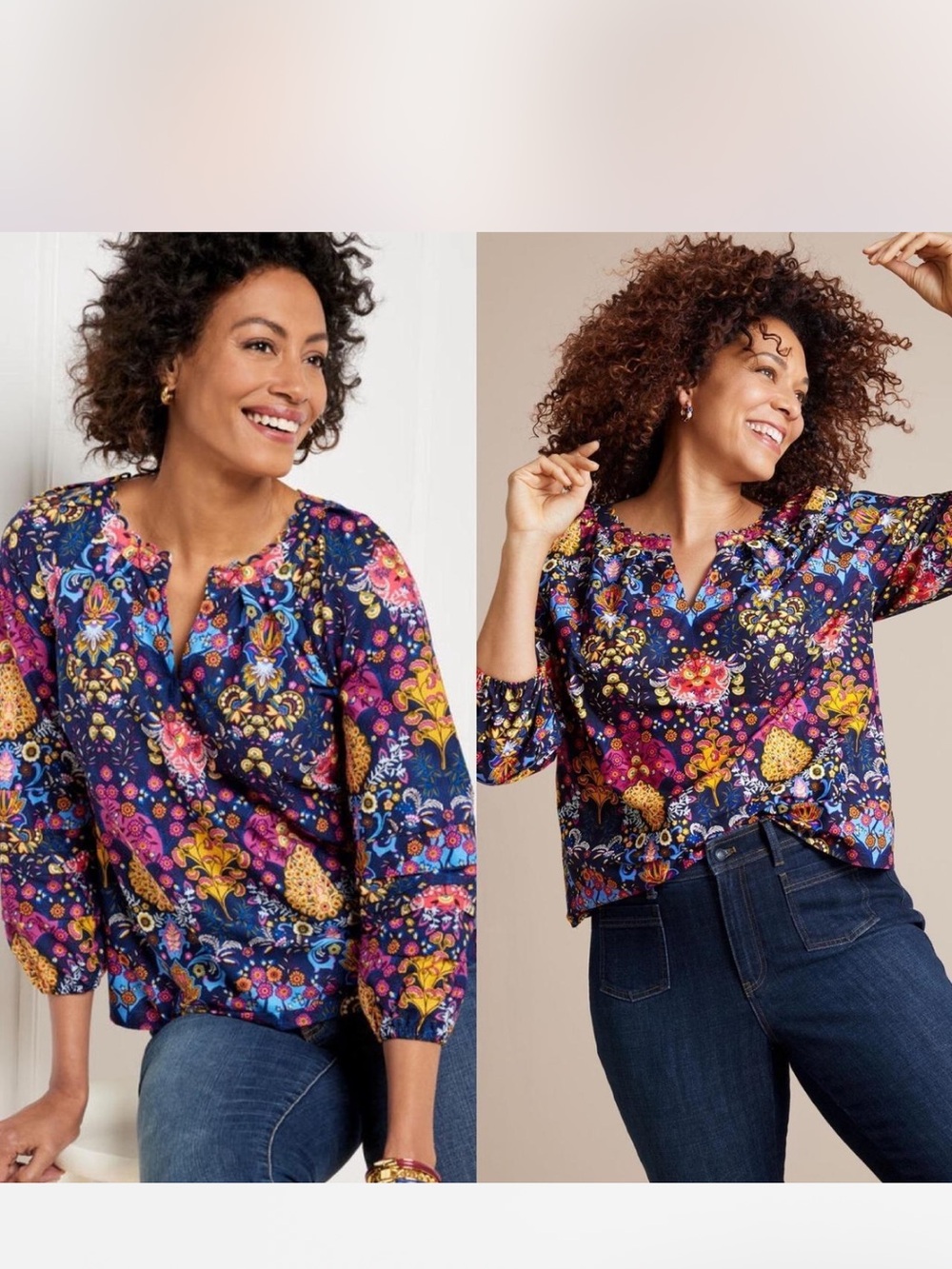 Talbots Navy Floral Split V-Neck Blouse